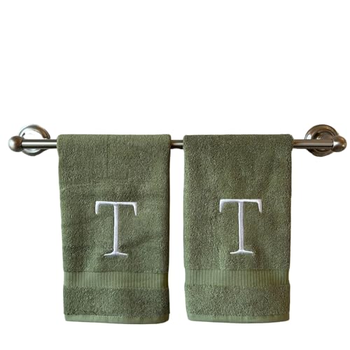 Sage with White Monogrammed Hand Towels for Bathroom - Set of 2 Letter T - Luxury Hotel Quality Initial Towels For Powder Room, Spa, GOTS Organic Certified
