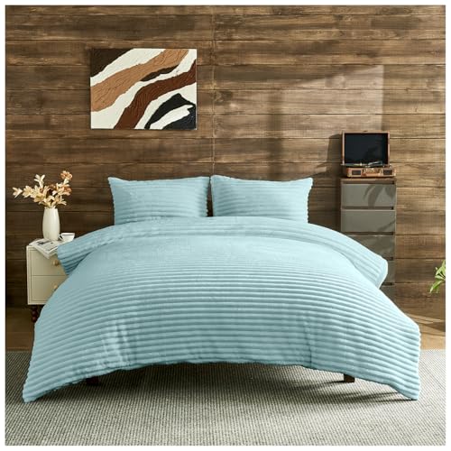 GC GAVENO CAVAILIA Ribbed Fleece Duvet Cover Single - Thermal Warm Polyester Single Duvet Cover Set With Pillow Case - Washable Cozy Fluffy Quilt Cover Winter Bedding Set 135x200 Cm, Duck Egg