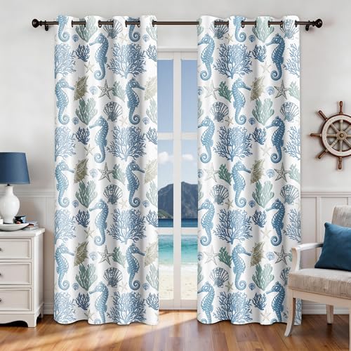 weesire Nautical Coastal Curtains Decorative Beach Ocean Seahorse Coral 50% Light Blocking Sea Darkening Grommet Curtain for Villa Living Room, Bedroom Navy Blue and White 2 Panels Set, 52x63 Inches