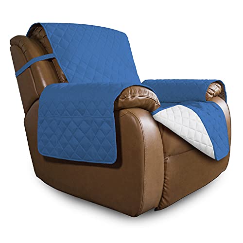 Easy-Going Oversized Recliner Cover Reversible Couch Cover Sofa Cover for Living Room Water Resistant Furniture Protector with Elastic Straps for Pets Dog (Oversized Recliner, Blue/Ivory)