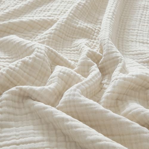 "PHF 100% Cotton Muslin Throw XL Blanket Large 50"" x 70"", 4-Layer Lightweight Gauze Throw, Breathable Cloud-Soft Minimalist Blanket for Bed, Couch, Camping & Baby, Oat Milk"