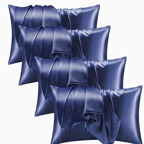 Satin Pillowcase Set of 4 -Silky Pillow Cases for Hair and Skin, Pillow Covers with Envelope Closure, Gifts for Women Men (4, Navy, Queen)