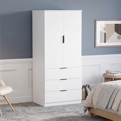 Vida Designs Trega 2 Door 3 Drawer Wardrobe - White - Bedroom Furniture - 175H x 77W x 54D cm - With Storage Shelf & Hanging Rail - Large Capacity Storage