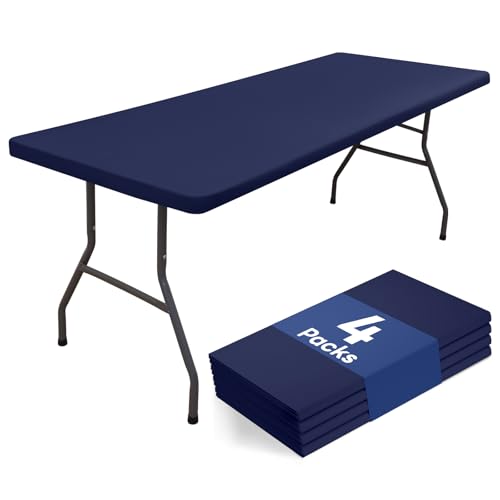 "Homing 4 Packs 6 Foot Rectangle Table Cloth, Waterproof Polyester Elastic Fitted Tablecloth, Washable Table Cover for Picnic, Camping, Outdoor (Navy Blue, 30"" x 72"")"