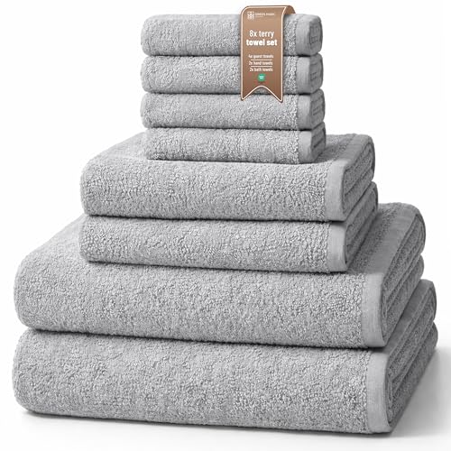 NatureMark 8-Piece Terry Towel Set with Various Sizes – 4 Guest Towels, 2 Hand Towels, 2 Bath Towels - Colour: Silver Grey - 100% Cotton