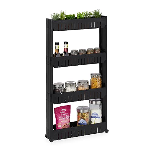 Relaxdays Niche Trolley, 4 Shelves, Narrow Shelf for Bathroom & Kitchen, 101x12.5x54 cm, Rolling Storage Plastic, Black