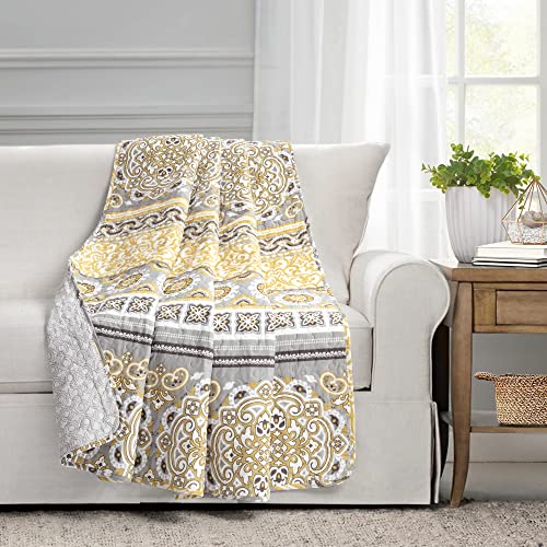 "Lush Decor Nesco Stripe Reversible Cotton Throw Blanket, 60"" x 50"", Yellow & Gray"