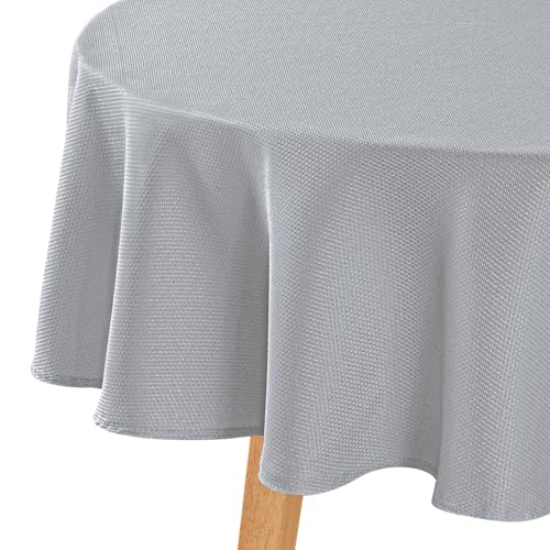 Hiasan Round Textured Tablecloth 60 Inch - Waterproof Spillproof Antiwrinkle Jacquard Table Cloth, Decorative Polyester Table Cover for Kitchen, Outdoor Picnic, Holiday and Parties, Silver Grey