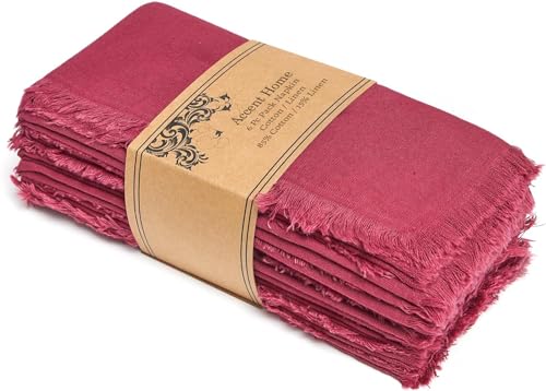 ACCENTHOME Burgundy Cotton Linen Napkin Set of 6 18x18 inch Dinner Napkins - Ideal for Christmas table setting, family dinners and festive entertaining.