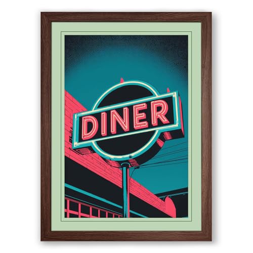 Neon Diner Sign Retro Framed Wall Art Print A3 (42×29.7cm) Walnut, Wall Decor for Living Room, Bedroom, Office & Home, Ready to Hang, Art Gift
