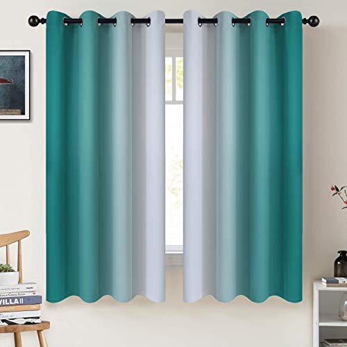 COSVIYA Grommet Ombre Room Darkening Curtains 63 inch Length, Teal and Greyish White Gradient Drapes Light Blocking Insulated Thermal Window Curtains for Bedroom/Living Room,2 Panels,52x63 inches