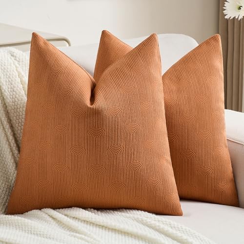 FUTEI Burnt Orange Chenille Decorative Throw Pillow Covers 22x22 Inch Set of 2,Soft Cozy Striped Geometric Patterns Cushion Case,Modern Home Decor for Couch Bed Living Room