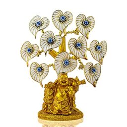 Blue Evil Eye Money Tree with Painted Golden Buddha Statue White Artificial Flowers Home Office Protection Decoration Feng Shui Ornament