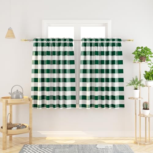 Natus Weaver Buffalo Check Kitchen Tier Curtains 36 inches Long Plaid Gingham Rod Pocket Classic Short Small Cafe Curtains Country Farmhouse Bathroom Window Curtains 2 Panels Dark Green & White