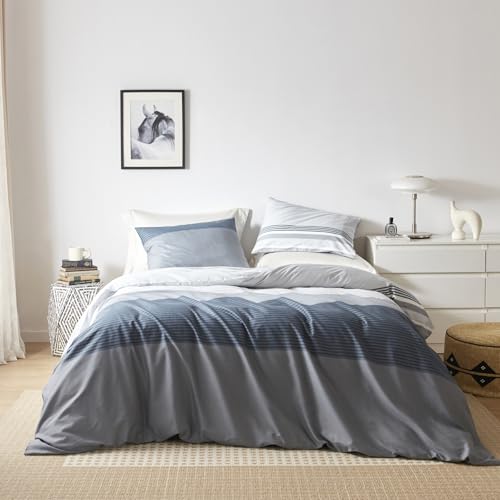 YuHeGuoJi Teal Grey Duvet Cover Queen 100% Cotton 3 Pcs Set 1 Teal Blue Striped Duvet Cover with Zipper Ties 2 Pillowcases Modern Reversible Gray Pinstripe Print Bedding Set Soft Comfortable