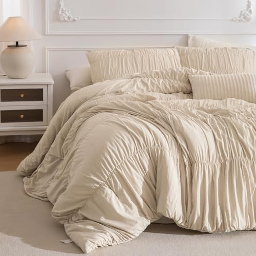 "Masaca King Size Comforter Set(106""x95""),Wheat Ruched Bedding Comforter,Farmhouse Shabby Boho Chic Bedding 3 Pieces Lightweight Ruffle Textured Cal King Bed Comforter for All Season"