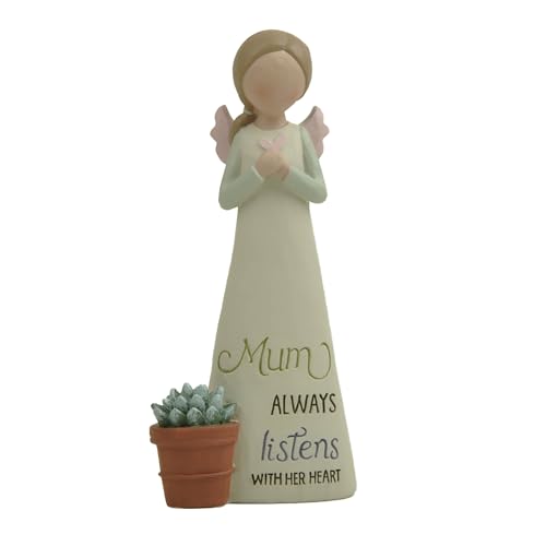 Feather & Grace Mum Angel Figurine ??? Handcrafted Resin Ornament with Heart & Succulent Pot, Sentimental Gift for Mum, 14cm Collectible Decoration