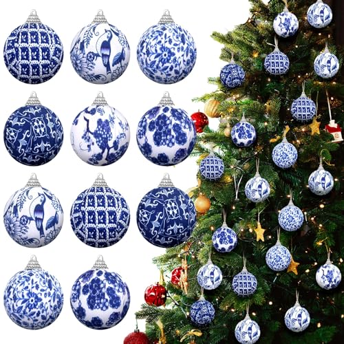 12 Pcs Blue and White Chinoiserie Ball Ornaments - Christmas Tree Hanging Ornaments - Retro Style, 2 Inch