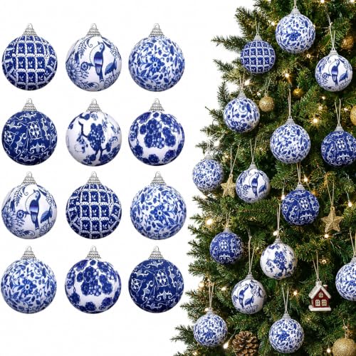 12 Pcs Blue and White Chinoiserie Ball Ornaments - Christmas Tree Hanging Ornaments - Retro Style, 2 Inch