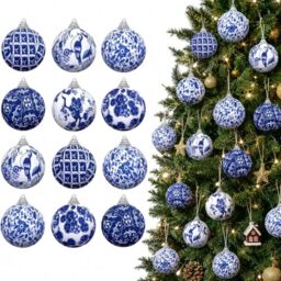 12 Pcs Blue and White Chinoiserie Ball Ornaments - Christmas Tree Hanging Ornaments - Retro Style, 2 Inch