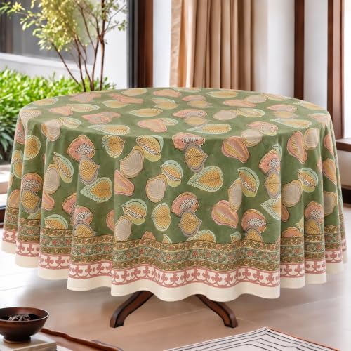 Ridhi Hand Block Print Tablecloth 100% Cotton Material Cover Dinning Stain and Wrinkle Resistant Outdoor Summer (12 Seater 132 Inches Round, Peppermint Green)