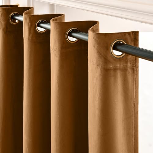 Lazzzy Blackout Velvet Curtains - Gold 90 inch Long Drapes for Bedroom & Living Room - Darkening Window Treatments - Thermal Insulated - Grommet - Set of 2 Panels