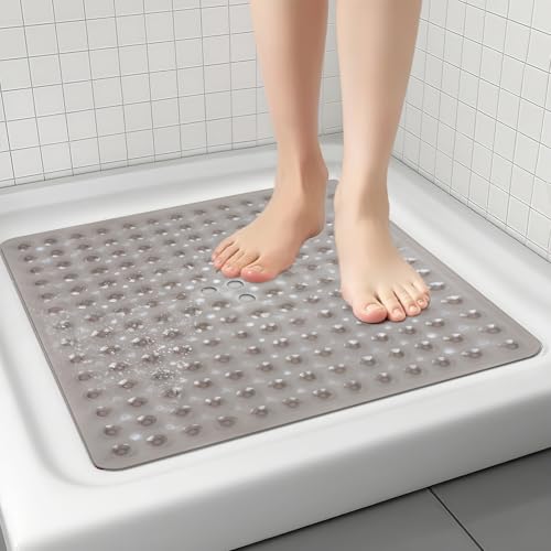 Cozary Non-Slip Shower Mat, 53 x 53 cm, Non-Slip Bath Mat for Bath & Shower, Soft PVC Shower Mat with Suction Cups, Machine Washable, Grey