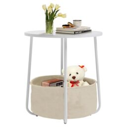 HOMYLIN End Table with Storage, Round Side Table with Fabric Basket, Modern Nightstand for Living Room, Bedroom, Office, Reception Area, White
