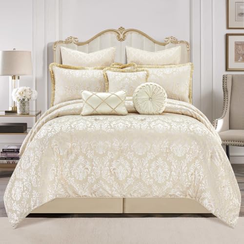 Loom and Mill Ultra Soft Floral Bedding with Euro Shams, Bedskirt, Filled Decorative Pillow for Home-Milano, Synthetic Fiber, Beige White, King