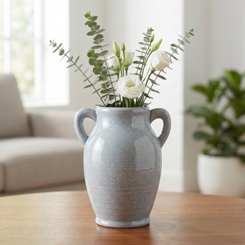8 inch Ceramic Light Blue Vase - Modern Textured Vases for Pampas Grass, Centerpieces, Dining Table, Entryway, Kitchen, Farmhouse Decor, 8 Inch