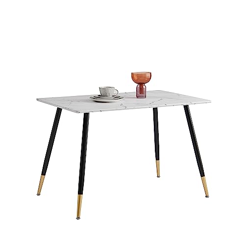 39F Furniture Dream Scandinavian dining table with white marble paper top and black and gold metal legs for kitchen dining room living room, White, 110x70x75 cm