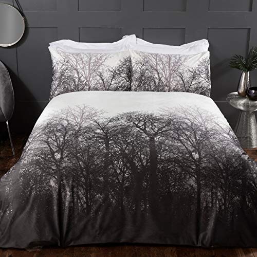 Sleepdown Forest Trees Serene Scene Printed Soft Cosy Velvet White Charcoal Grey Duvet Cover Quilt Bedding Set with Pillowcase - Single (135cm x 200cm)