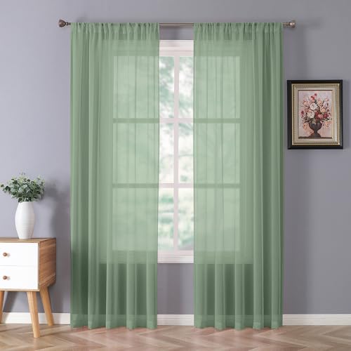 Tollpiz Sheer Curtain Linen Textured Bedroom Curtains Sheer Light Filtering Rod Pocket Voile Curtain for Living Room, 54 x 95 inches Long, Sage Green, Set of 2 Panels