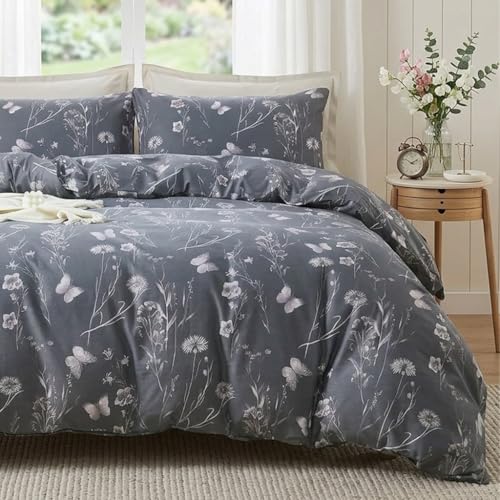 Cozaline 100% Cotton Duvet Cover Set King ??? Grey Delicate Floral Design Bedding Set 3 Pieces, Breathable Lightweight Comforter Cover with Zipper Closure, Elegant Botanical Butterfly Bed Set