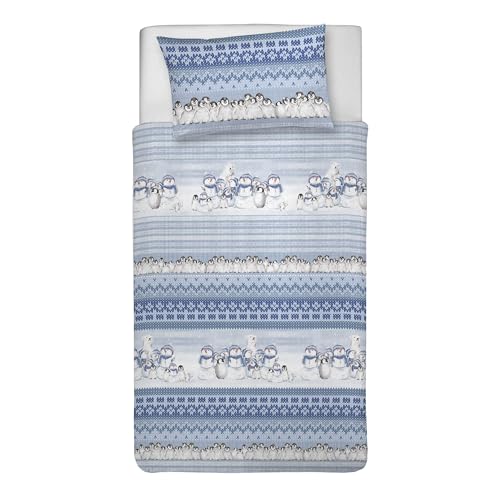 PENSIERI DELICATI 100% Cotton Single Duvet Cover Set, 155 x 200 cm and 1 Pillowcase 52 x 82 cm, Made in Italy, Duvet Cover Machine Washable At 40 Degrees, Polar Winter Design Blue