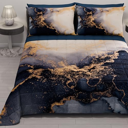PETTI Artigiani Italiani - Summer Bedspread 220 x 260 cm 100 g/m² Double Face, Spring Quilt, Lightweight Quilt, Marble Blus, 100% Made in Italy