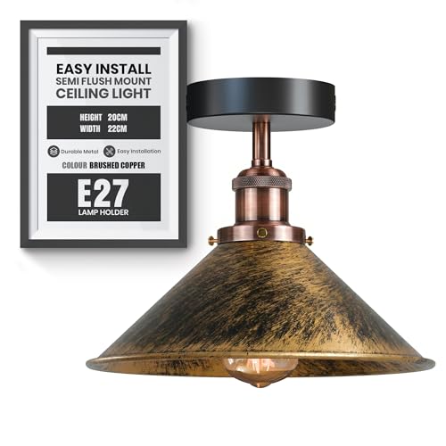 LEDSone Vintage Flush Mount Ceiling Light Fixture Industrial Metal E27 Base Ceiling Lighting for Bedroom Living Room Kitchen Hall Way Restaurant Easy Fit 22cm Brushed Copper Cone Shade Without Bulb