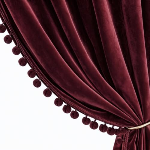 Benedeco Burgundy Velvet Curtains for Bedroom Window with Pom Pom, Super Soft Luxury Drapes, Room Darkening Thermal Insulated Rod Pocket Curtain for Living Room, W52 by L90 inches, 2 Panels