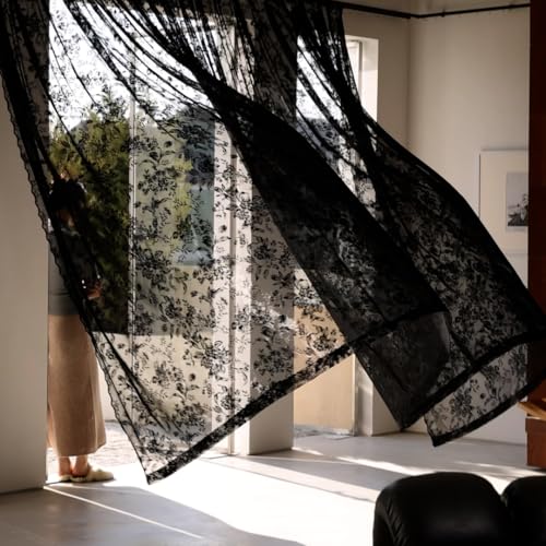"Treatmentex Black Floral Lace Curtains 63"" Length for Bedroom, Exquisite 3D Floral Knitted Rose Sheer Window Drapes for Living Room, Studio. Modern Gothic Sheer Lace Curtains. 52"" W 2Pack, Rod Pocket"
