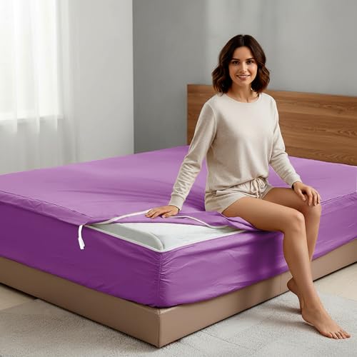 PURE ECO Zipper Fitted Sheet - Full Size (54x75), Lilec Color - 100% Cotton, 600 TC, Deep Pockets, Easy to Change, Hotel Quality, Sateen Finish