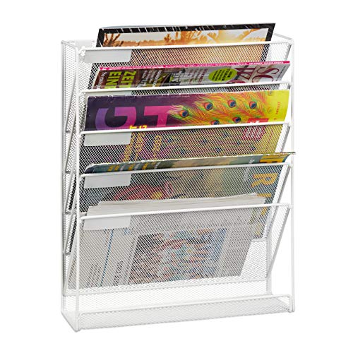 Relaxdays Newspaper Stand, Magazine Holder, Wall Storage, HxWxD 40.5 x 32.5 x 10.5 cm, Metal, Mesh, Document, White