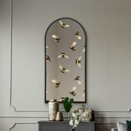 "MirrorOutlet The Typis - Black Metal Frame Edged Modern Round Arch Edge Wall Mirror With Colour Bumble Bee Printed Decal 47"" x 24"" (120CM X 60CM) Silver Mirror Glass with Black Frame"