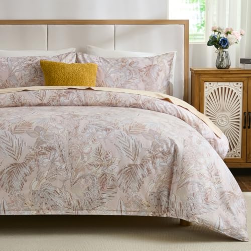 Cozaline 100% Cotton Duvet Cover Queen Size ??? Elegant Botanical Bedding Set with Zipper Closure, 3 Pieces Soft Breathable Pink Floral Leaf Pattern Comforter Cover with 2 Pillowcases