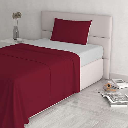Italian Bed Linen Natural Colour Bed Sheet Set, Cotton, Bordeaux/Light Grey, Small Double