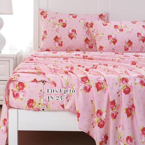 MEISHANG King Sheet Set - Ultra Soft Floral Sheets Extra Deep Pocket Fitted 18-24 Inch 100% Microfiber,1800 Thread Count Floral Bed Sheets Oeko-Tex Certificated 4 Pieces - Rose