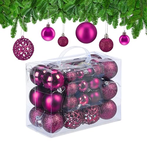 Relaxdays Christmas Bauble Set of 50, Glittery, Matt & Shiny Ornaments, Plastic Xmas Tree Balls, Ø: 3, 4 & 6 cm, Pink