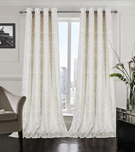 always4u 100% Blackout Soft Velvet Curtains for Bedroom Living Room Thermal Energy Saving 120 Inches Long Luxury Gold Foil Print Drapes 2 Panels White