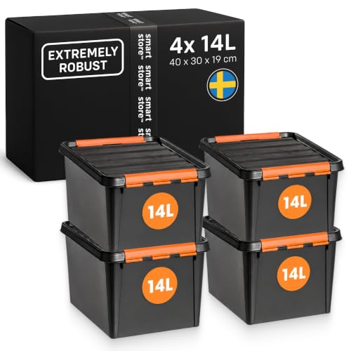 SmartStore Extra-Durable Plastic Storage Box with Lid 4x 14L, 40x30x19cm - Stackable tool boxes for garage, workshop & moving, heavy duty containers with clip lock, organiser for shelves