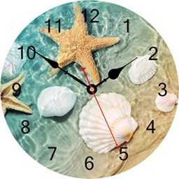 TAHEAT 30cm Wall Clock, Unusual Modern Seashell Starfish Clock, Large Silent Wall Clock Coastal Beach Nautical Decor for Bathroom Living Room Kitchen Bedroom Office