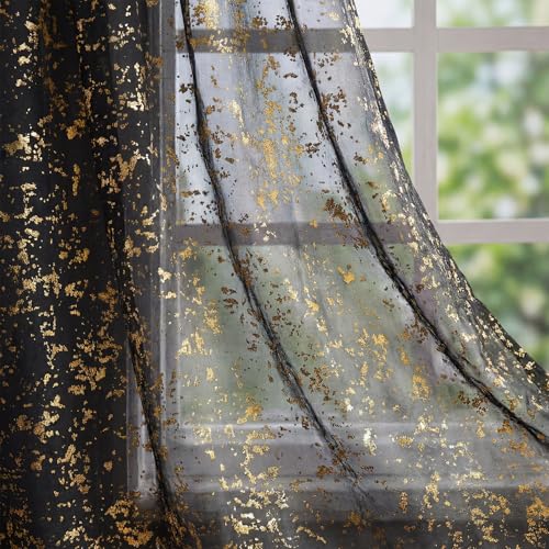 "Horaldaily Black Sheer Curtains for Living Room and Bedroom,Gold Sequin Glitter Metallic Foil, Scenery Light Filtering Window Curtains, 52"" W x 84"" L, Set of 2 Curtain Panels"
